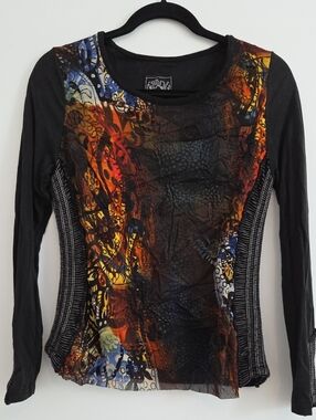 Aldo Martins Black Long-Sleeve Top with Orange & Blue Abstract Print